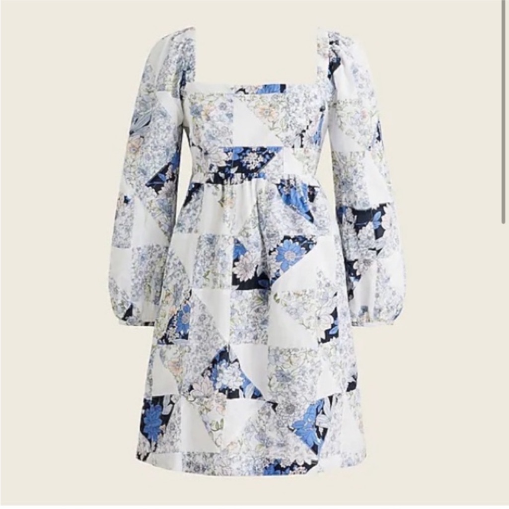 J. Crew Quilted Patchwork Bubble Sleeve White & Blue Dress Size M 100% Cotton